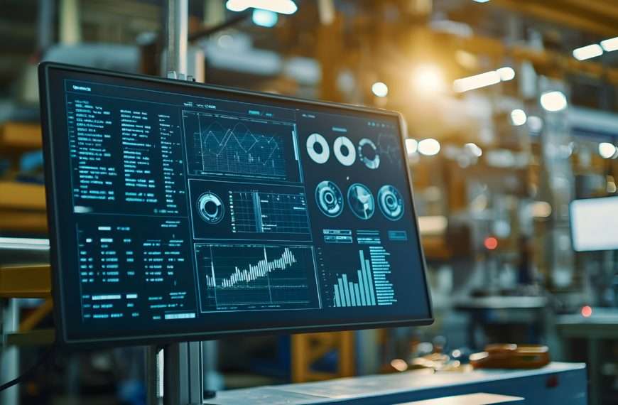Digital dashboard displaying real-time control metrics and analytics for data-driven factory optimization and productivity improvement.