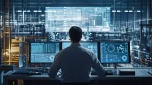 A factory manager overseeing the production process from a control room, with screens displaying real-time data, emphasizing the role of technology in managing and optimizing manufacturing operations