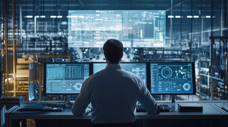A factory manager overseeing the production process from a control room, with screens displaying real-time data, emphasizing the role of technology in managing and optimizing manufacturing operations
