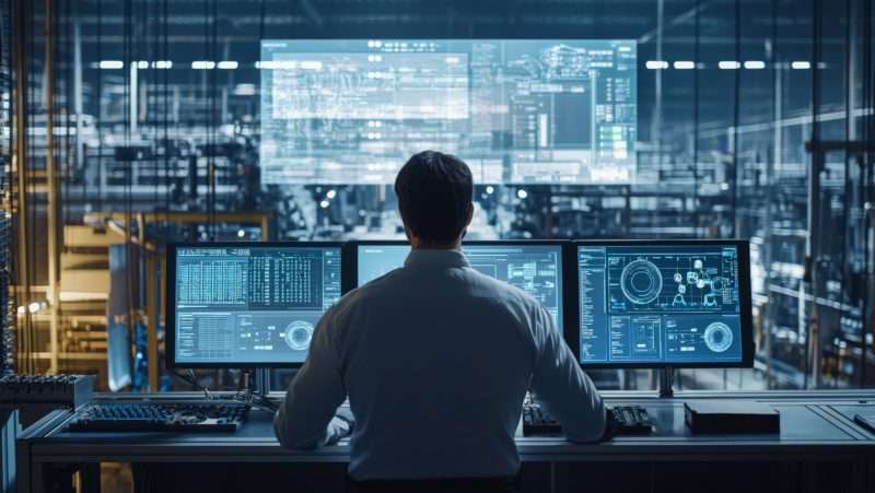 A factory manager overseeing the production process from a control room, with screens displaying real-time data, emphasizing the role of technology in managing and optimizing manufacturing operations