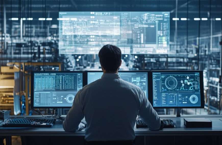 A factory manager overseeing the production process from a control room, with screens displaying real-time data, emphasizing the role of technology in managing and optimizing manufacturing operations